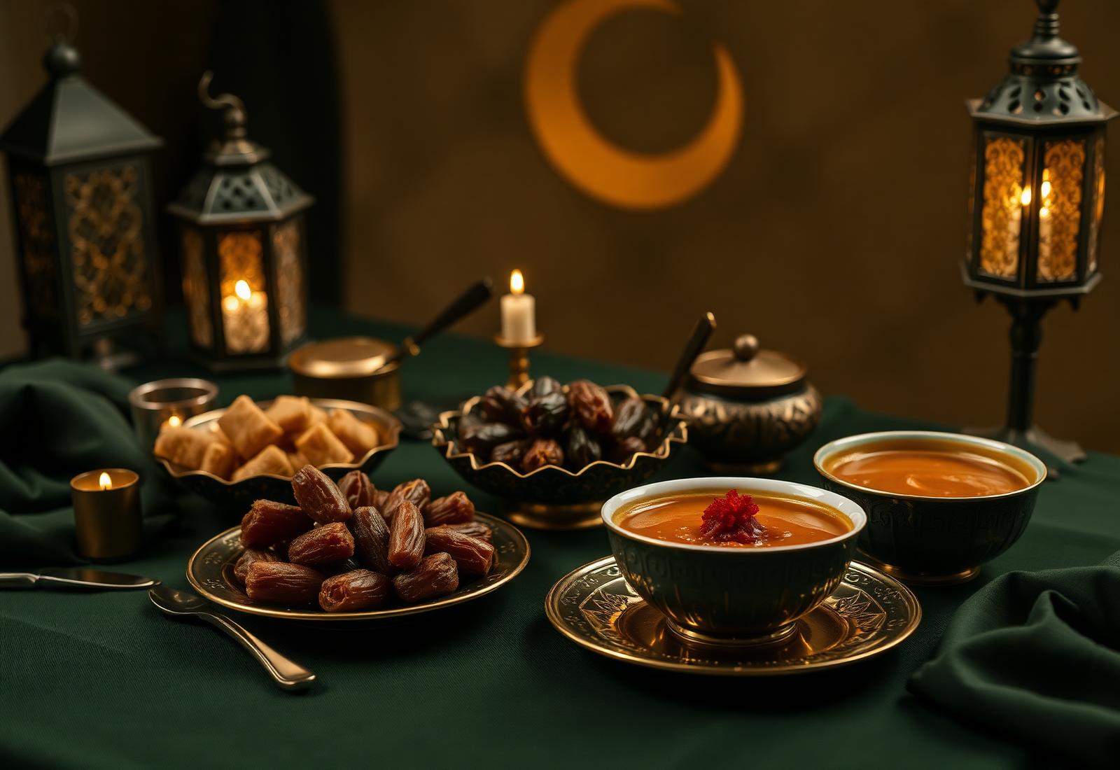 Iftar Tisch mit Datteln, Suppe und Süssspeisen